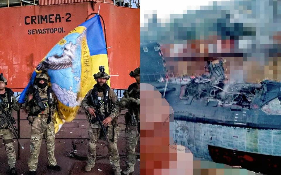 (links) Ukrainische Militärangehörige stehen auf einer Öl- und Gasbohrplattform im Schwarzen Meer.  (rechts) Der Schaden, den das U-Boot „Rostov-na-Donu“ erlitten hat