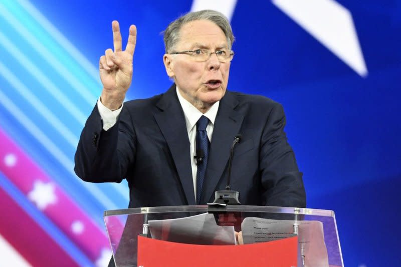 NRA CEO Wayne LaPierre speaks at CPAC22 in Orlando, Fla., in 2022. LaPierre, 74, officially steps down Wednesday from the job he has been in for more than 30 years. File Photo by Joe Marino/UPI