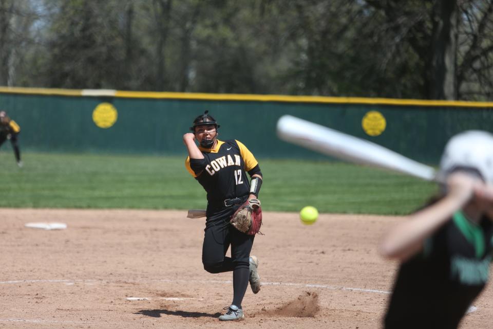 Cowan softball's Tatum Rickert pitching in the semifinals of the 2022 Delaware County tournament At Wes-Del High School on Saturday, May 7, 2022.