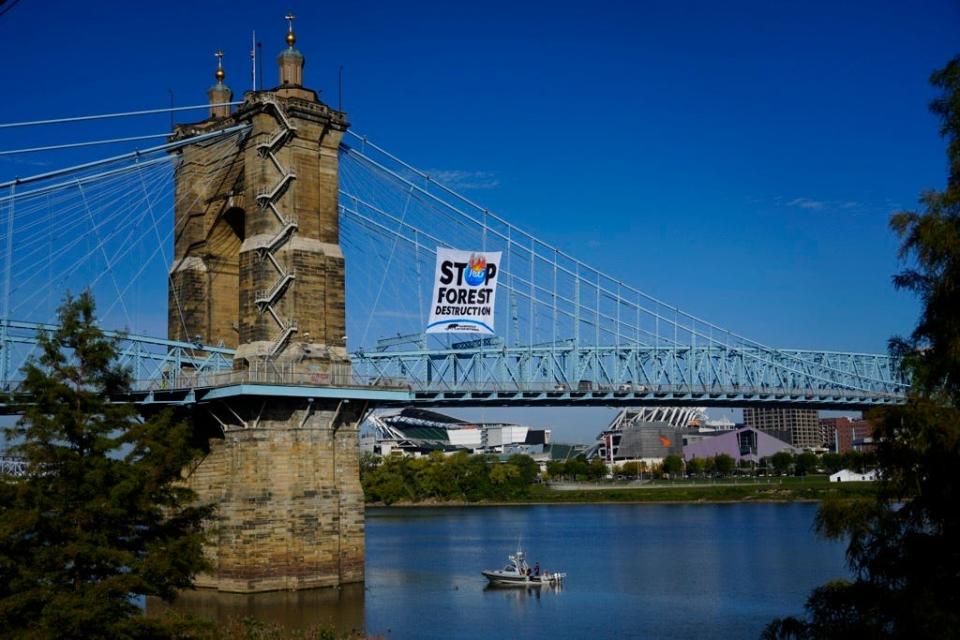 The John A. Roebling Suspension Bridge was shut down Oct. 4, 2023, due to protesters demonstrating against P&G ahead of their annual meeting.