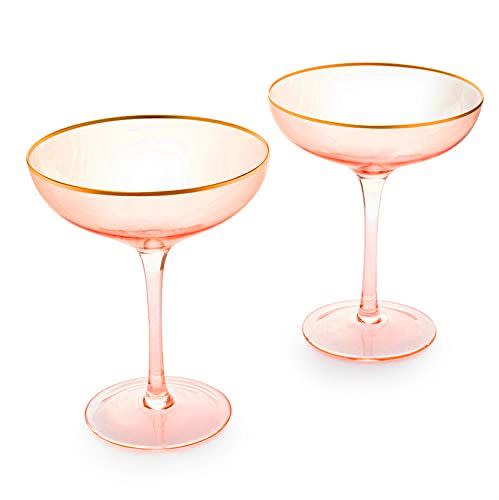 13) Colored Blush Pink & Gilded Rim Coupe Glass