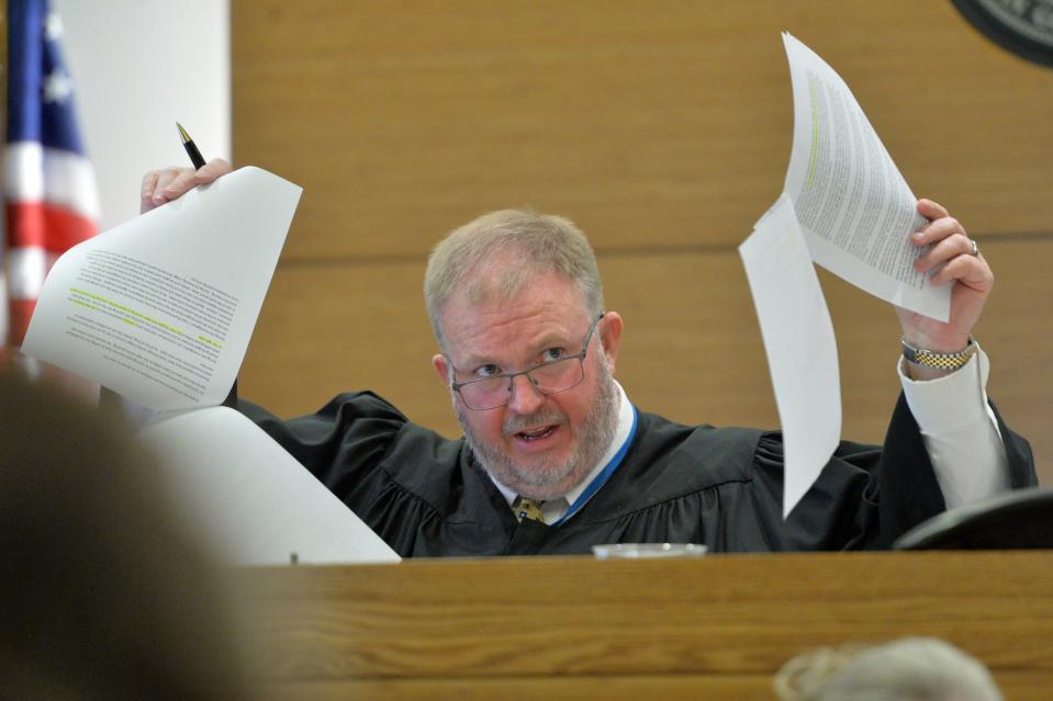 Judge Matt Whyte questions attorneys about the evidence they are trying to present. Ashley Benefield is accused of killing her estranged husband, Doug Benefield, and is attempting to have the case dismissed under Florida's Stand Your Ground law. The hearing on the justifiable use of force immunity defense began Thursday, July 6, 2023 at the Manatee County Judicial Center in Bradenton, Florida and is expected to last two days.