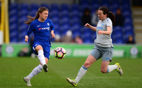 Hannah Blundell of Chelsea in action during a WSL match between Chelsea Ladies and Everton Ladies at The Cherry Red Records Stadium - Credit: getty images