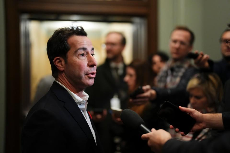 Liberal member of Parliament Anthony Housefather talks to reporters as he arrives to a caucus meeting in Ottawa on Wednesday, Nov. 8, 2023. Housefather is part of a Canadian delegation in the U.S. capital as part of a multilateral effort to combat the rise in antisemitism.