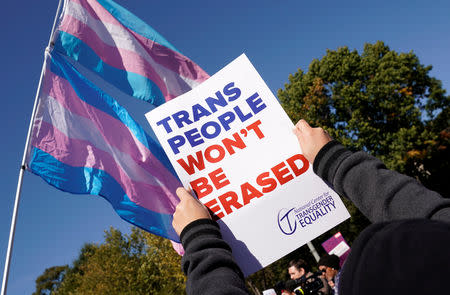 Transgender rights activists protest the government's alleged attempt to strip transgender people of official recognition at the White House in Washington, U.S., October 22, 2018. REUTERS/Kevin Lamarque