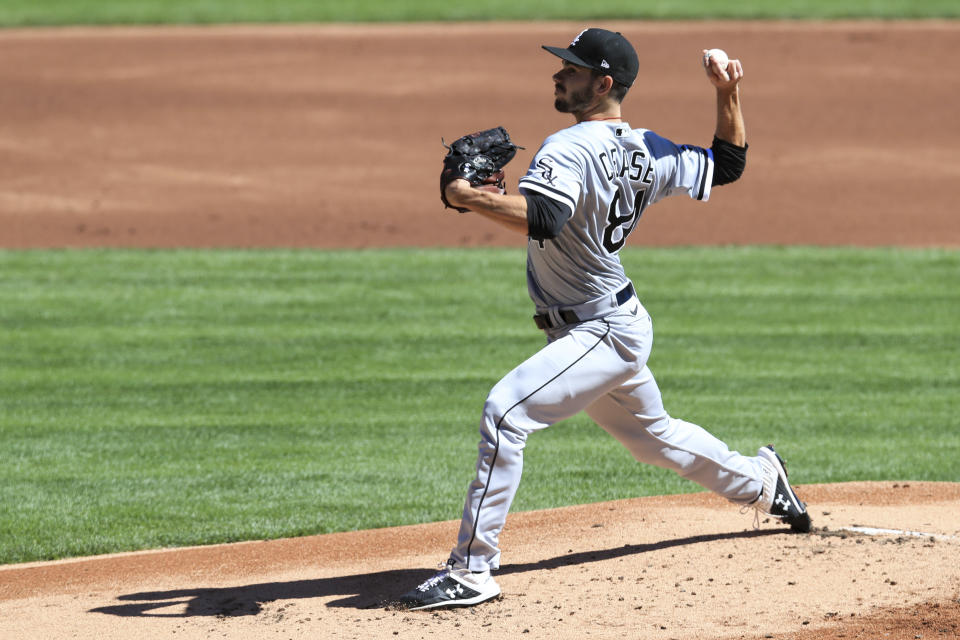 Chicago White Sox' Dylan Cease throws in the first inning during a baseball game against the Cincinnati Reds in Cincinnati, Sunday, Sept. 20, 2020. (AP Photo/Aaron Doster)