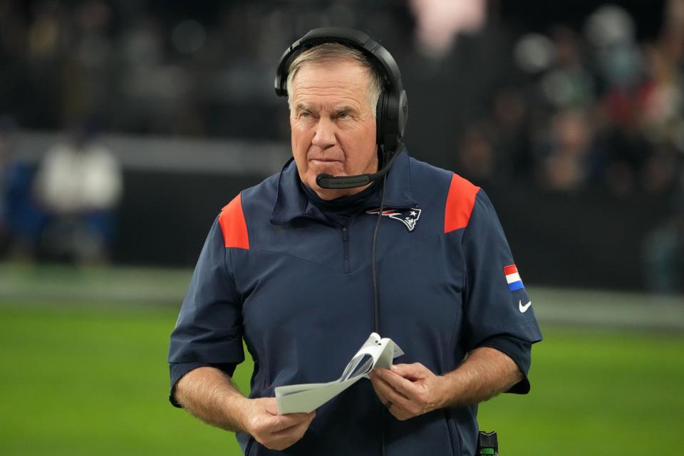Patriots head coach Bill Belichick reacts in the second half against the Las Vegas Raiders at Allegiant Stadium. The Raiders defeated the Patriots, 30-24, in one of the most bizarre endings to a football game in quite some time.