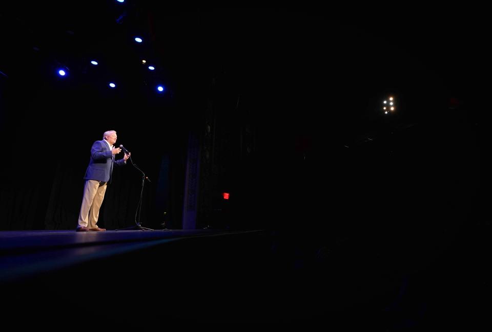 Storyteller Randy Brown shares his story on Tuesday, Aug. 30, 2022, during the Des Moines Register Storytellers Project at Hoyt Sherman Place in Des Moines.