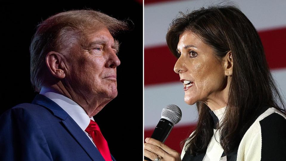 PHOTO: Republican presidential candidate, former President Donald Trump, stands on stage, Feb. 22, 2024, in Nashville, Tenn. Republican presidential candidate, former U.N. Ambassador Nikki Haley speaks during a campaign event, Feb. 25, 2024 in Troy, Mich. (Getty Images)