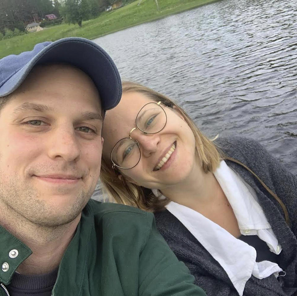 In this photo Evan Gershkovich, a reporter for the Wall Street Journal, and Polina Ivanova, a correspondent for the Financial Times, pose for a selfie in the Russian region of Karelia in 2020. Russian authorities detained Gershkovich, a U.S. citizen, in March 2023 on espionage charges which he, his employer and the U.S. government all deny. (Polina Ivanova via AP)