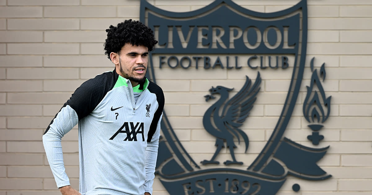  Liverpool attacker Luis Diaz during a pre-season training session at AXA Training Centre on July 13, 2023 in Kirkby, England. 