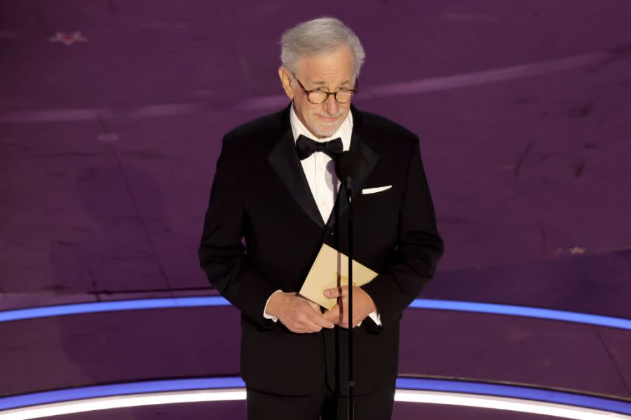 HOLLYWOOD, CALIFORNIA – MARCH 10: Steven Spielberg speaks onstage during the 96th Annual Academy Awards at Dolby Theatre on March 10, 2024 in Hollywood, California. (Photo by Kevin Winter/Getty Images)