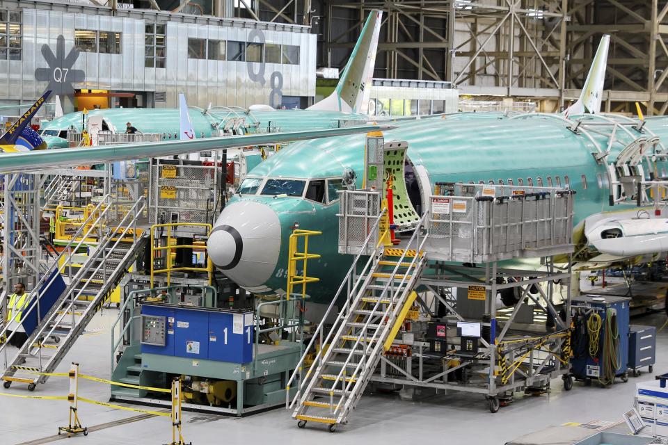 FILE - Boeing 737 MAX airplanes are shown on the assembly line during a media tour at the Boeing facility in Renton, Wash., June 25, 2024. (Jennifer Buchanan/The Seattle Times via AP, Pool, File)