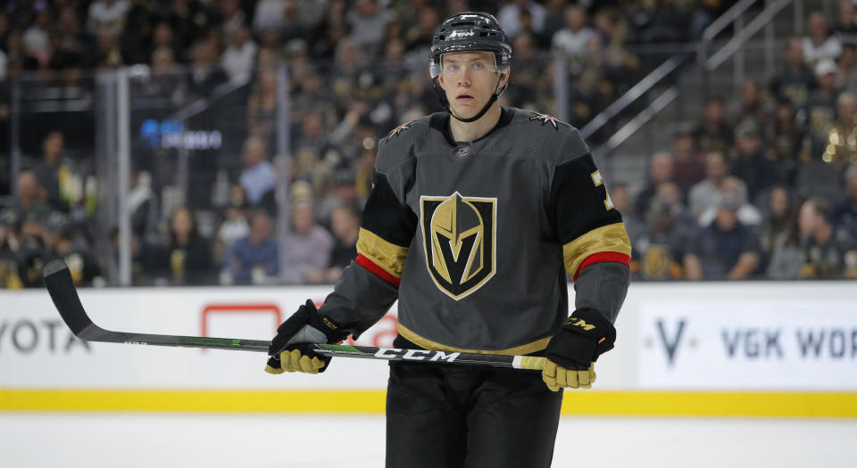 Vegas Golden Knights left wing Valentin Zykov (7) plays against the Nashville Predators in an NHL hockey game Tuesday, Oct. 15, 2019, in Las Vegas. (AP Photo/John Locher)
