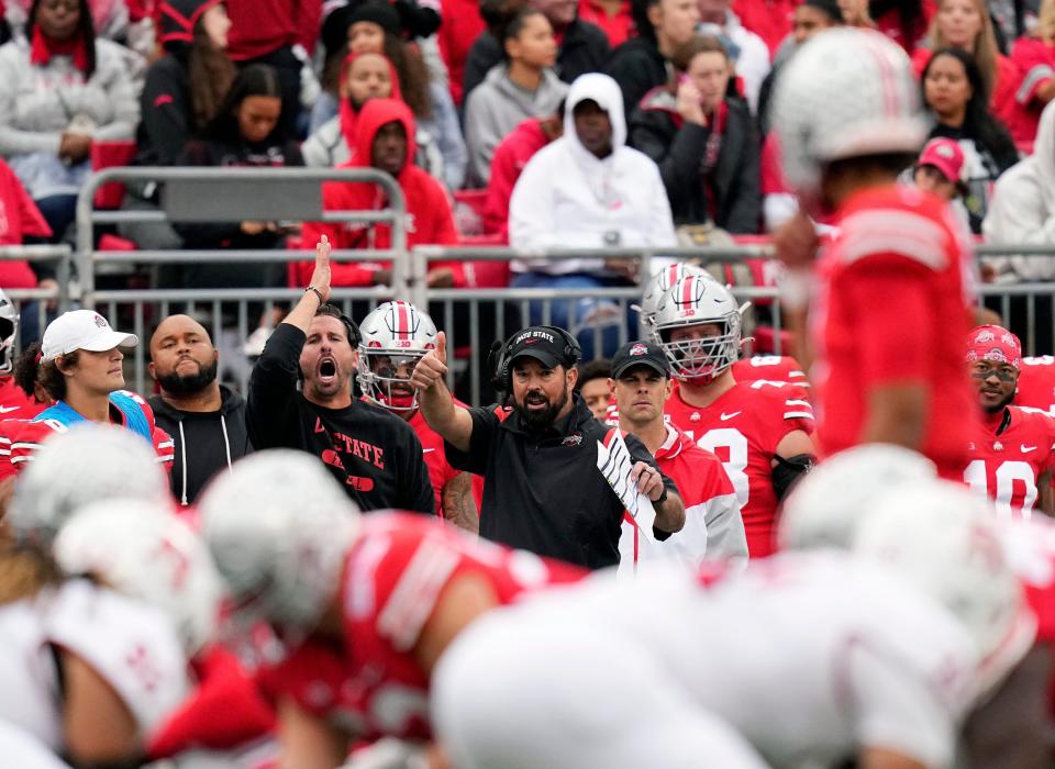 Oct 1, 2022; Columbus, Ohio, USA; Ohio State Buckeyes head coach Ryan Day calls a play into quarterback C.J. Stroud (7) in the second quarter of the NCAA Division I football game between the Ohio State Buckeyes and the Rutgers Scarlet Knights at Ohio Stadium.

Osu22rut Kwr 36