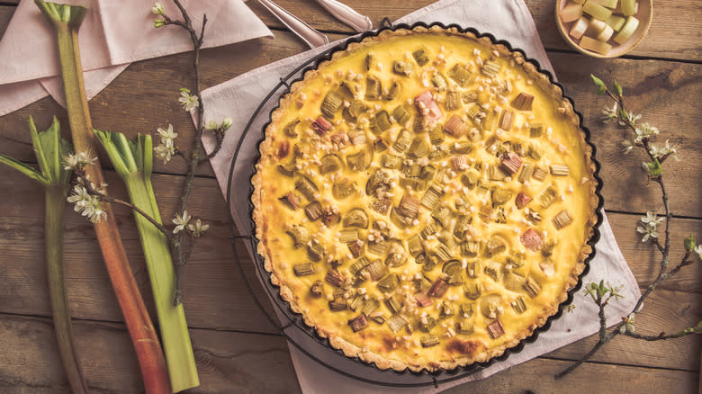 Rhubarb pie with rhubarb and flowers