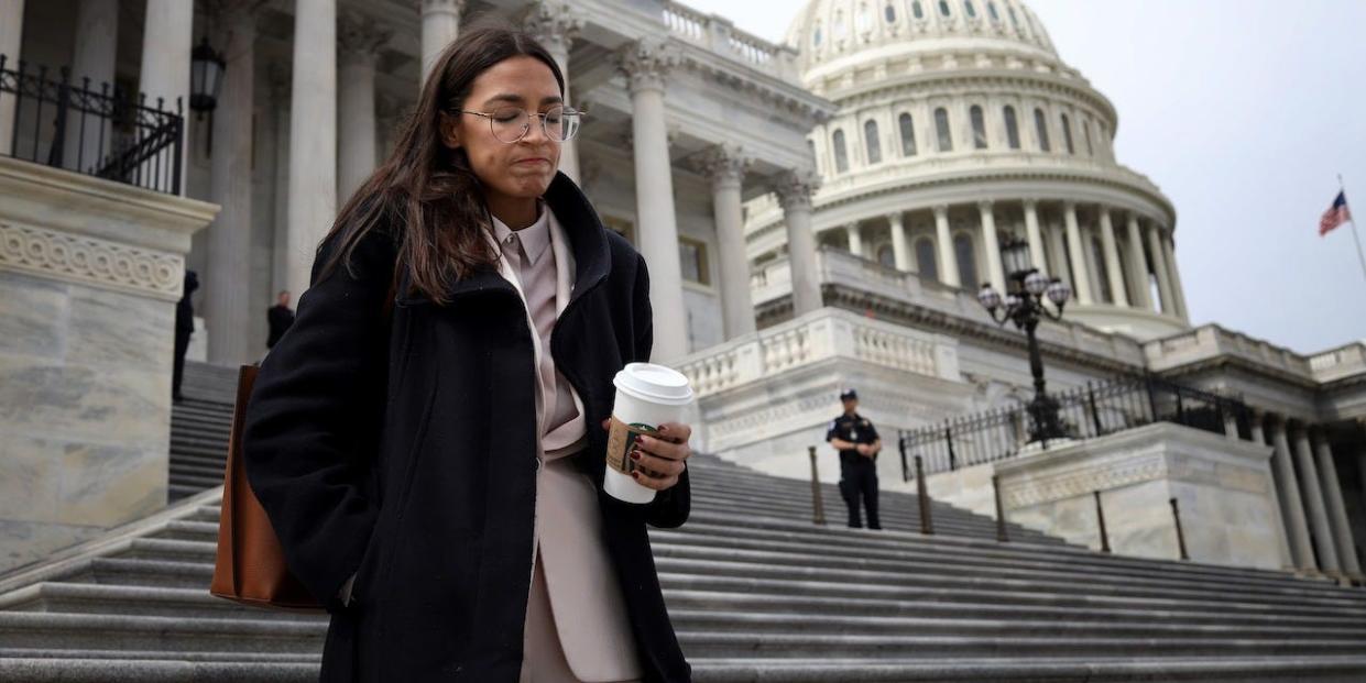 Rep. Alexandria Ocasio-Cortez (D-NY) leaves the U.S. Capitol after passage of the stimulus bill known as the CARES Act on March 27, 2020 in Washington, DC.