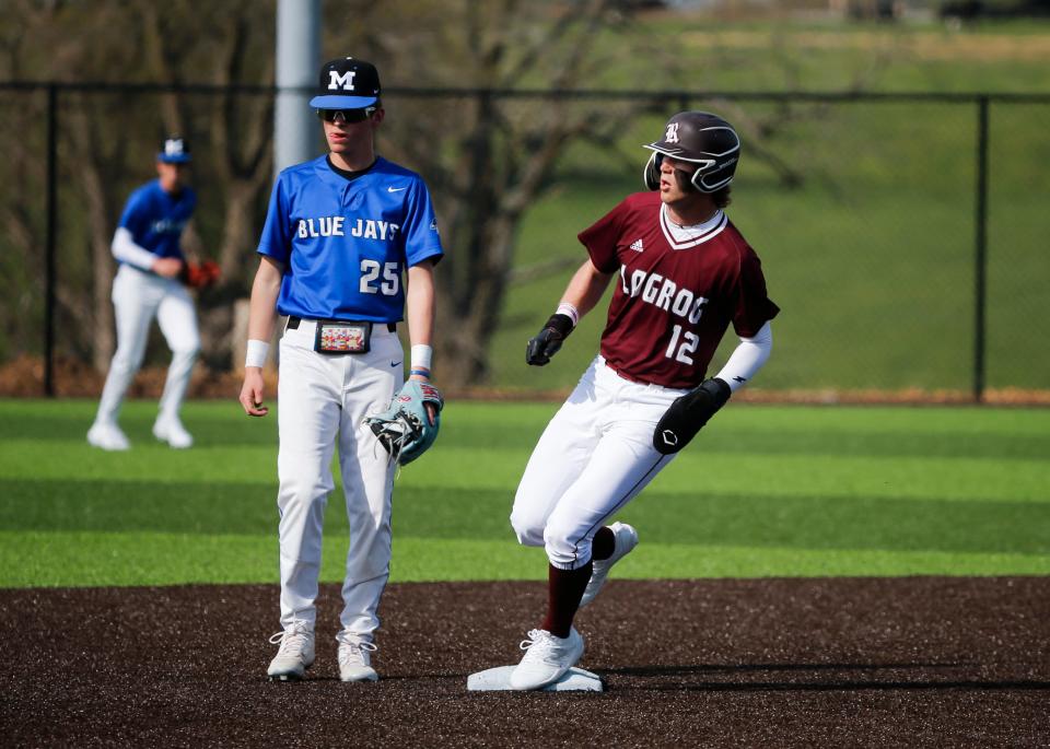 Logan-Rogersville's Ross Lawrence gets on second base as the Wildcats take on the Marshfield Blue Jays on Thursday, April 13, 2023.