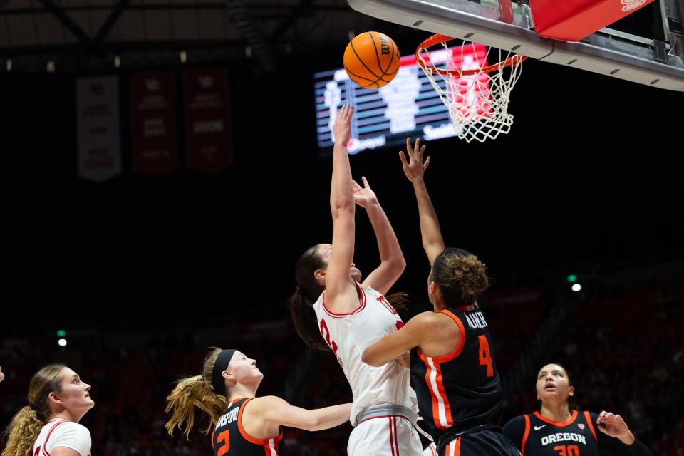 Utah Utes forward Jenna Johnson (22) shoots the ball during the women’s college basketball game between the Utah Utes and the Oregon State Beavers at the Jon M. Huntsman Center in Salt Lake City on Friday, Feb. 9, 2024. | Megan Nielsen, Deseret News