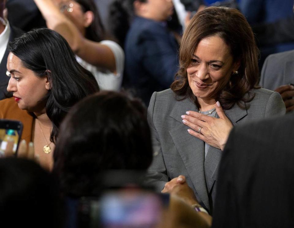 Vice President Kamala Harris greets a supporter following a campaign event at James B. Dudley High School on Thursday, July 11, 2024, in Greensboro, N.C.