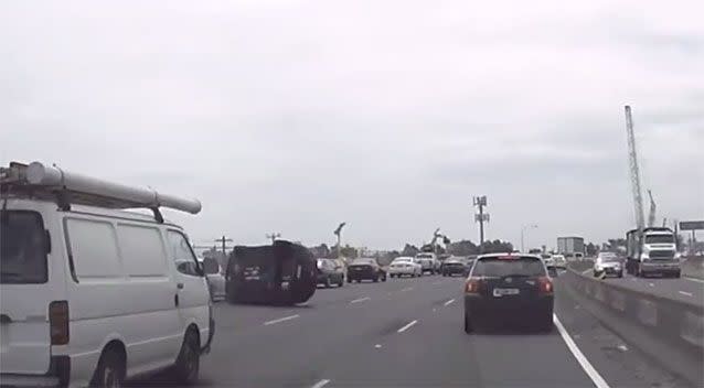 The car flipped and rolled four times after clipping another car. Photo: Dash Cam Owners Australia/Facebook