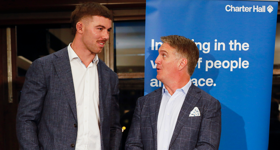 Wallabies legend Tim Horan is seen here with Max Douglas after the Manly lock won the Ken Catchpole Medal as Shute Shield's Player of the Year in 2022. Pic: Karen Watson