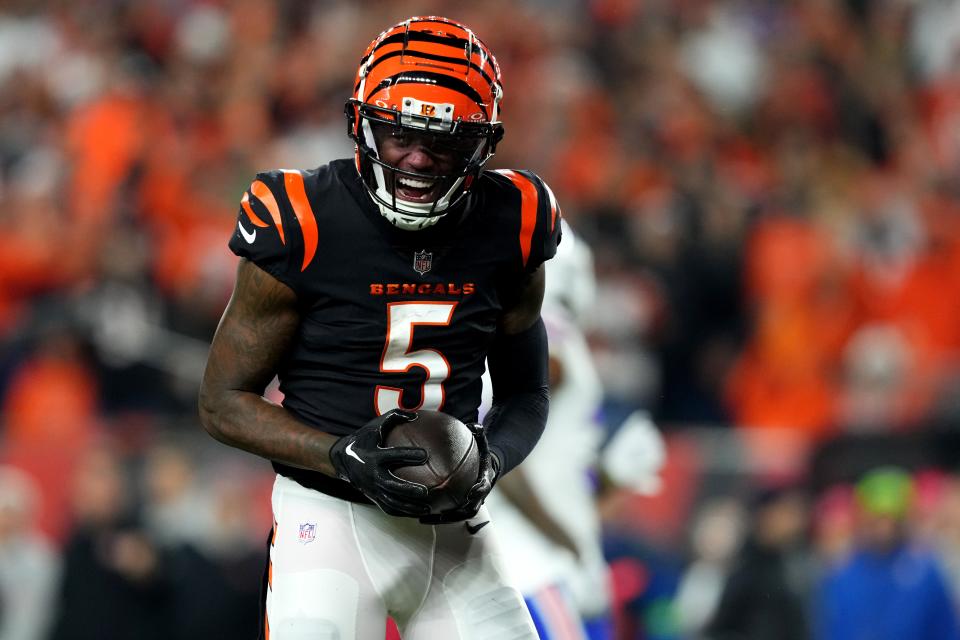 Cincinnati Bengals wide receiver Tee Higgins (5) reacts after completing a catch in the fourth quarter during a Week 9 NFL football game between the Buffalo Bills and the Cincinnati Bengals, Sunday, Nov. 5, 2023, at Paycor Stadium in Cincinnati.