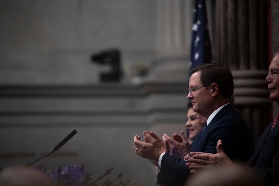 House Speaker Cameron Sexton applauds as Gov. Bill Lee delivers his State of the State address to the Tennessee General Assembly in the House chamber of the Capitol in Nashville, Tenn., Monday, Feb. 5, 2024.