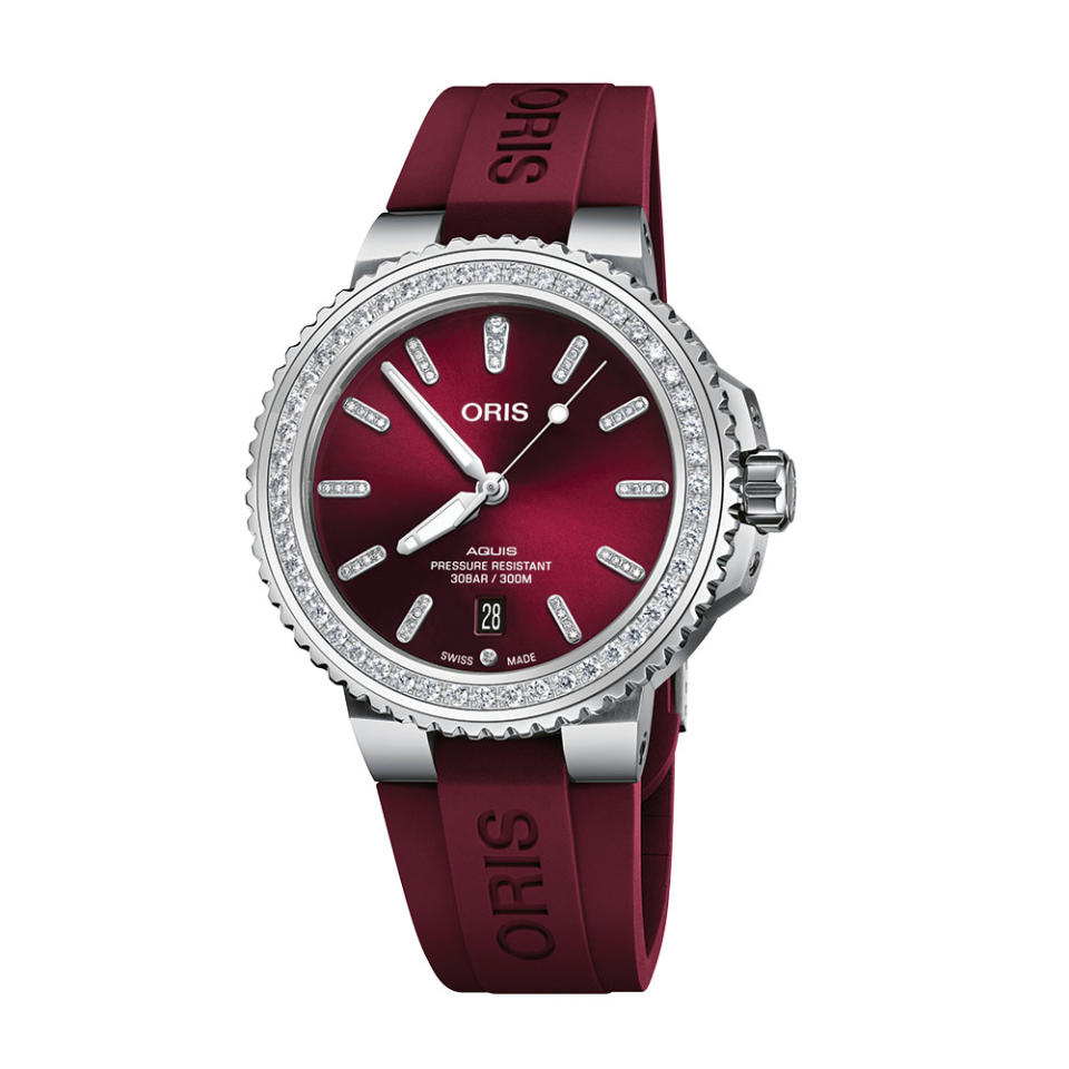 Oris In a 41.5mm stainless-steel case, the bezel and cherry-red dial on the new Aquis Date Diamonds are embellished with lab-grown diamonds. The automatic movement includes a date at 6 o’clock; 5,500 dollars, oris.ch
