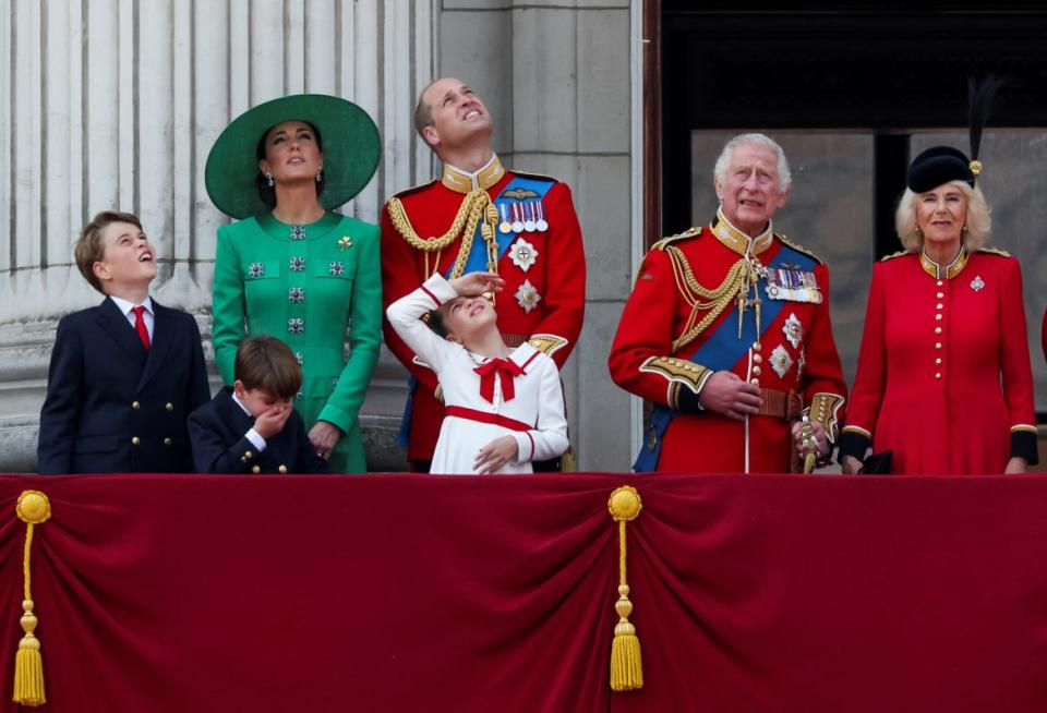 <div class="inline-image__caption"><p>Britain's King Charles, Queen Camilla, Prince William, Catherine, Princess of Wales, Prince George, Princess Charlotte and Prince Louis appear on the balcony of Buckingham Palace as part of Trooping the Color parade to honor Britain's King Charles on his official birthday in London, Britain, June 17, 2023.</p></div> <div class="inline-image__credit">Toby Melville/Reuters</div>