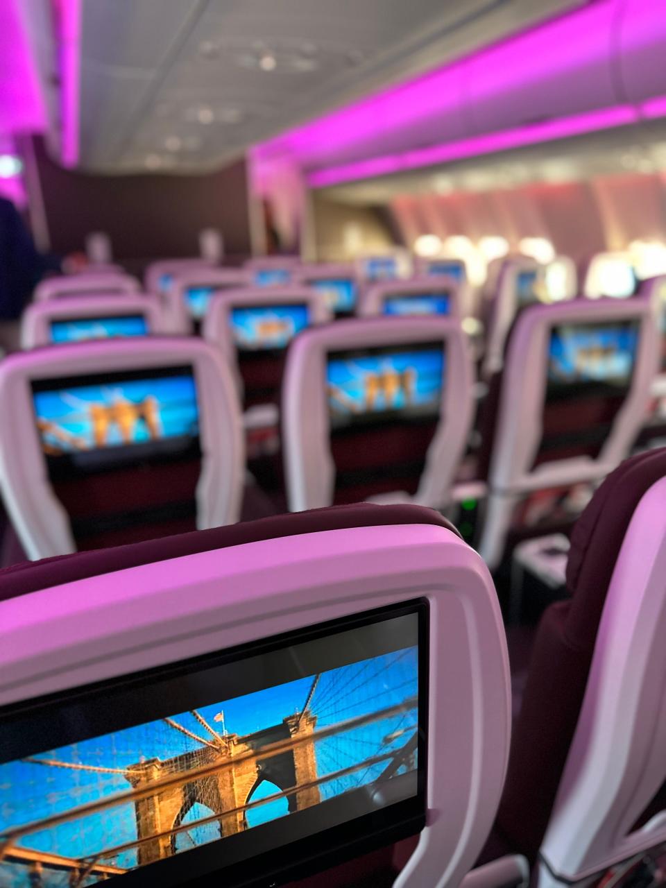 Screens in Economy Class on Virgin Atlantic airplane, Dan Koday, " I was one of the first people to see Virgin Atlantic's newest aircraft that will fly between NYC and London."