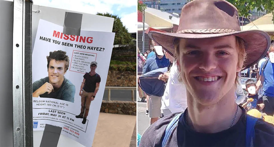 Theo Hayez wears a brown hat and smiles at the camera. To the right is a missing persons poster featuring Theo.