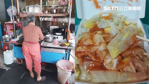 阿婆彎著身軀自調粉漿，製做美味的蛋餅，希望買的客人可以吃飽又健康。（圖／王先生授權提供）