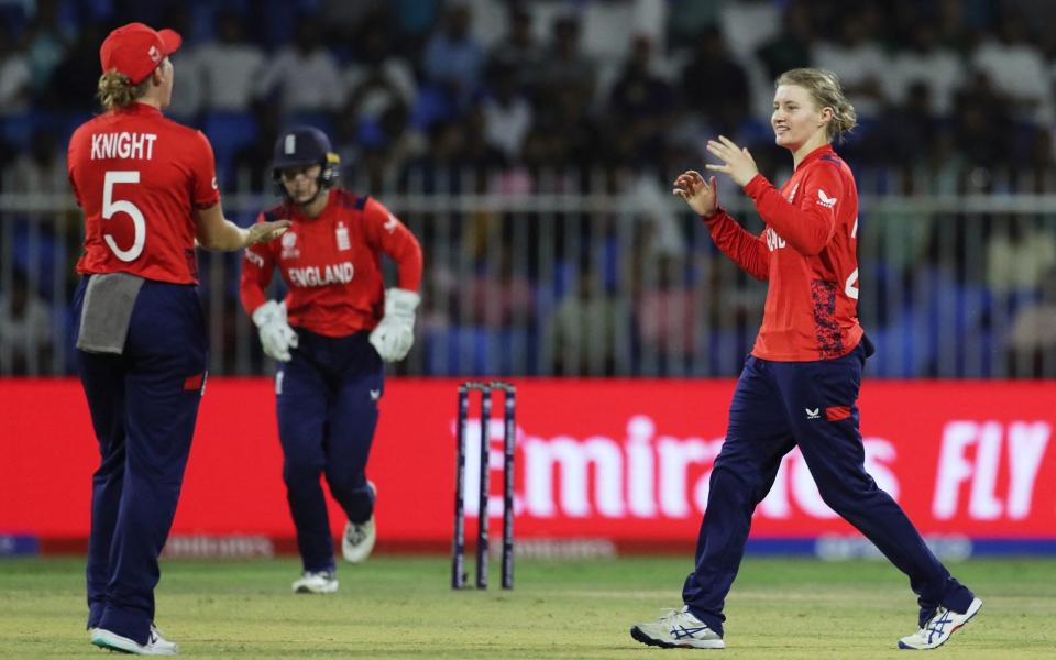 Charlie Dean and Heather Knight celebrate a wicket