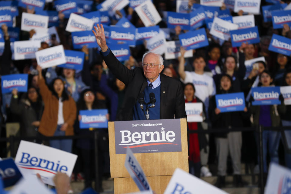 Democratic presidential candidate U.S. Sen. Bernie Sanders, I-Vt., speaks during a campaign rally at the University of Michigan in Ann Arbor, Mich., Sunday, March 8, 2020. (AP Photo/Paul Sancya)