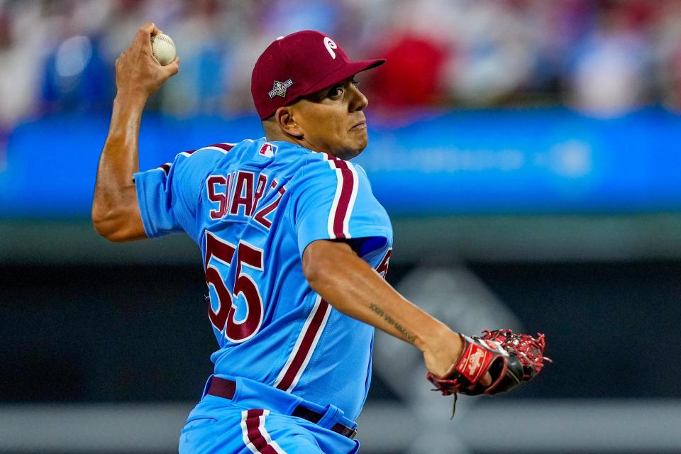 Philadelphia Phillies starting pitcher Ranger Suarez thhorws during the first inning of Game 4 of a baseball NL Division Series against the Atlanta Braves Thursday, Oct. 12, 2023, in Philadelphia. (AP Photo/Matt Rourke)