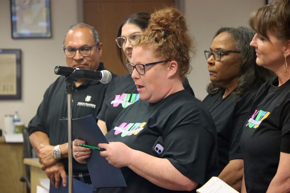 Multiple teachers, many wearing Visalia Unified Teacher Association T-shirts, spoke about their experiences in Visalia Unified classrooms, specifically their concerns surrounding student and teacher safety.