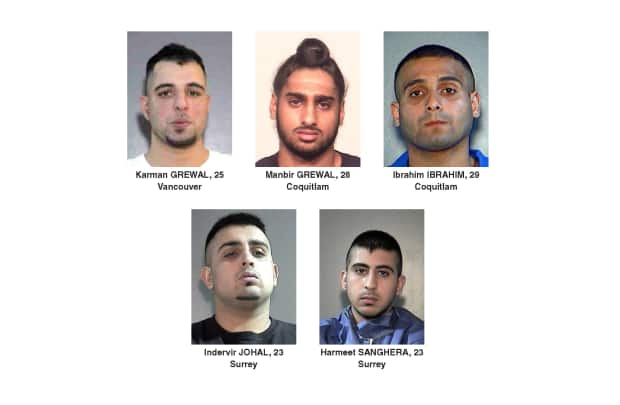 Surrey RCMP have released photos of five men in 2017 after they were targeted in a series of shootings. Karman Grewal, top left, was killed at Vancouver International Airport on Sunday. Manbir Grewal, top centre, and Ibrahim Ibrahim, top right, are also dead.