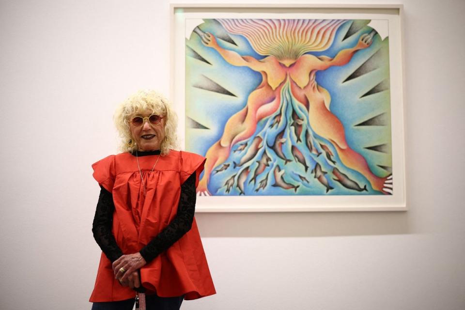 Judy Chicago in front of Rainbow Warrior, which was also the cover image of today’s Evening Standard (AFP via Getty Images)