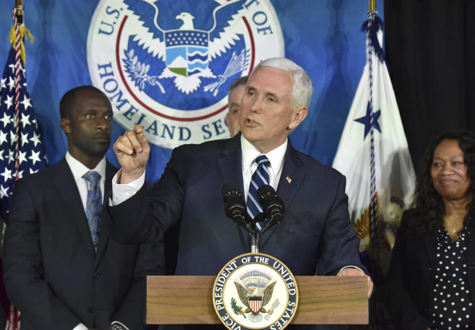 Vice President Mike Pence speaks to Immigration and Customs Enforcement employees after receiving a briefing at Homeland Security Investigation Principal Field Offices in Atlanta on Thursday, March 21, 2019.(Hyosub Shin/Atlanta Journal-Constitution via AP, Pool)