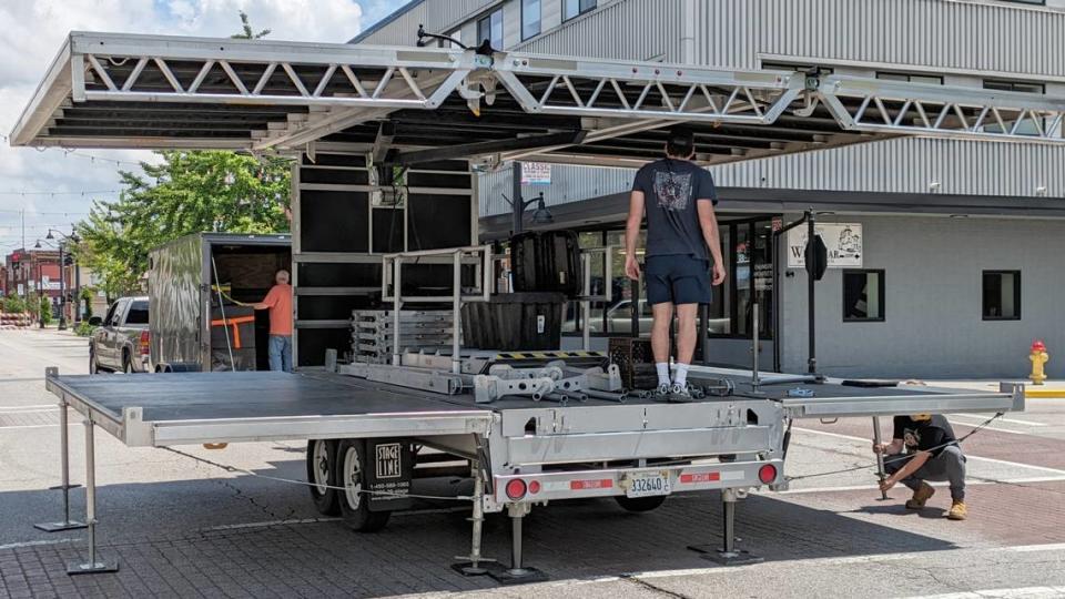 A stage is set up at the corner of Church and East Main street in downtown Belleville for the Greater Belleville Chamber of Commerce annual dinner and silent auction event.