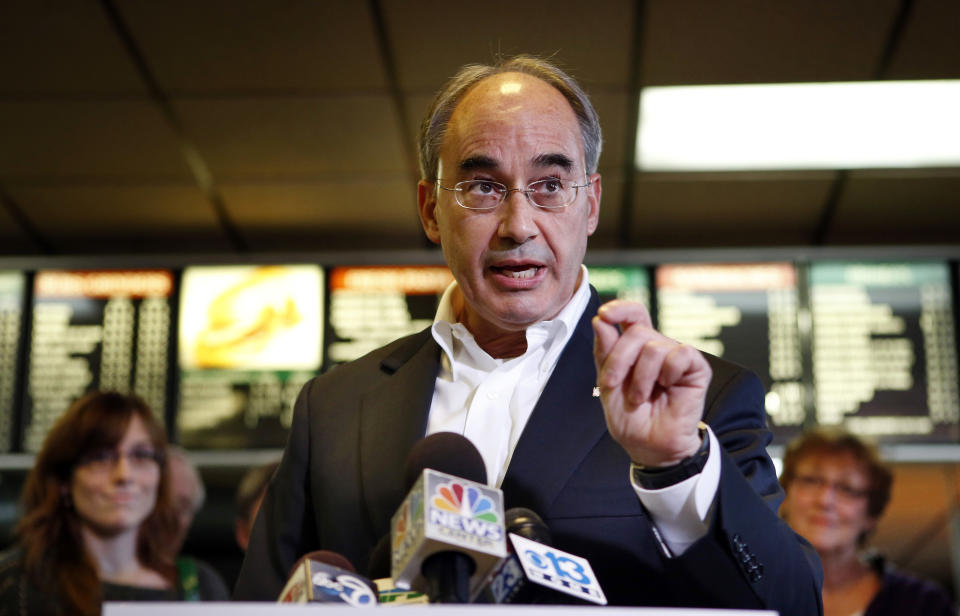 Republican Rep. Bruce Poliquin (R-Maine) speaks at a news conference, Wednesday, Nov. 5, 2014, at the Oakland House of Pizza in Oakland, Maine. (AP Photo/Robert F. Bukaty)