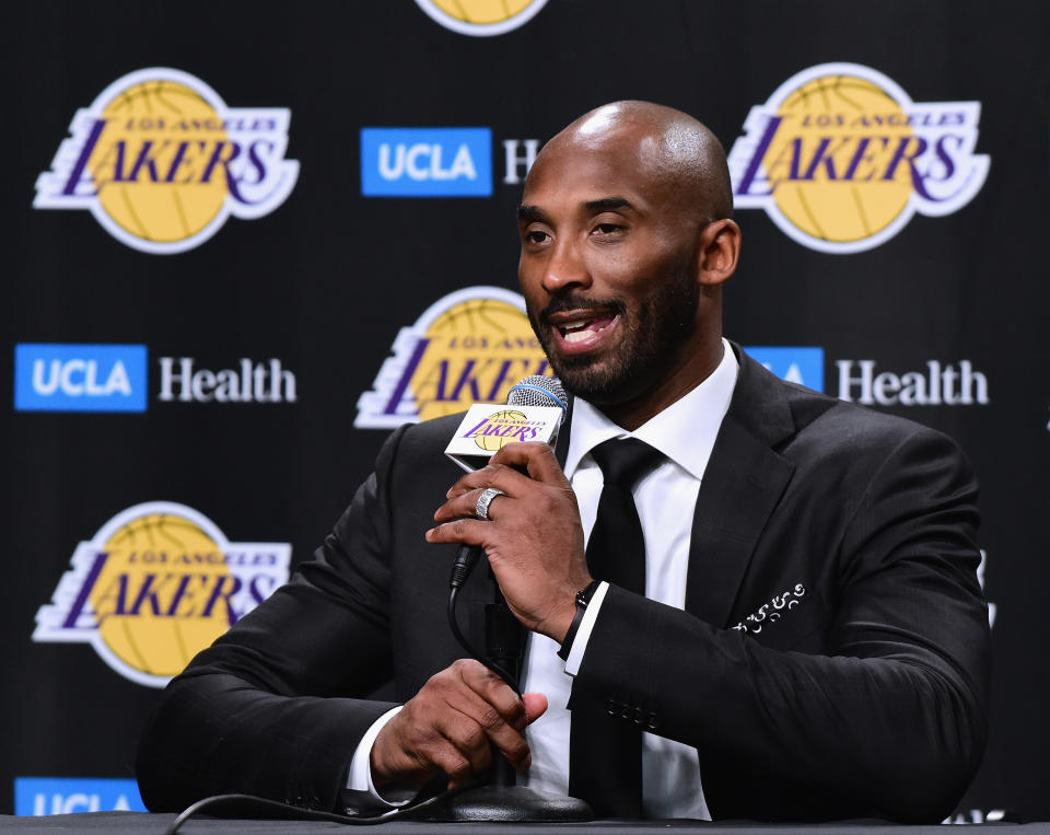 Kobe Bryant speaks with the media before having his jerseys retired by the Los Angeles Lakers. (Getty)