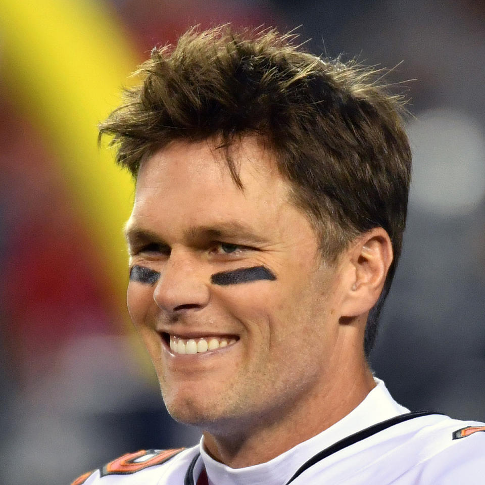 Oct 14, 2021; Philadelphia, Pennsylvania, USA; Tampa Bay Buccaneers quarterback Tom Brady (12) during warmups against the Philadelphia Eagles at Lincoln Financial Field. Mandatory Credit: Eric Hartline-USA TODAY Sports