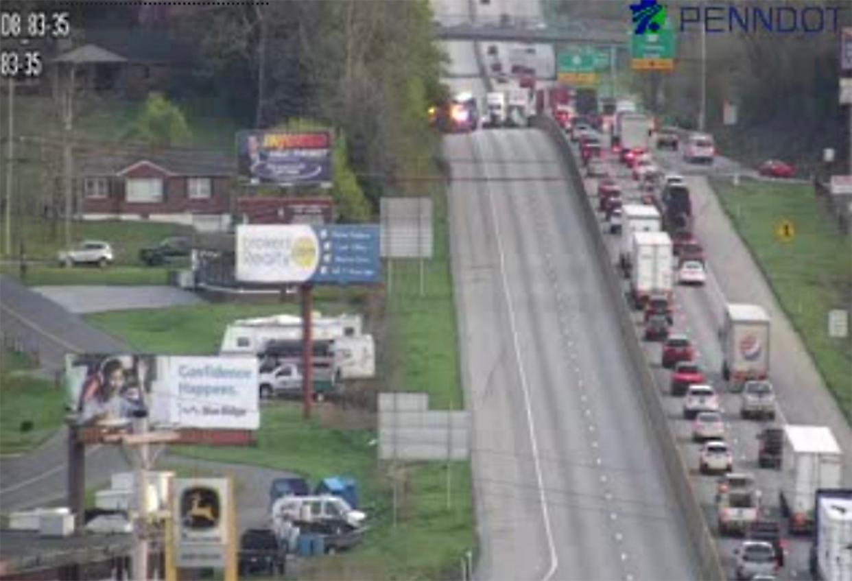 Traffic stopped looking northbound at Exit 35 on Interstate 83 at 6:50 a.m. on April 17, 2024.