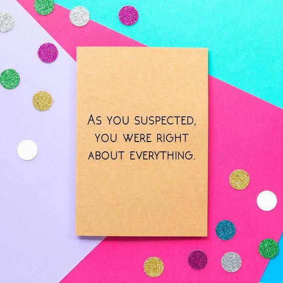 <p><strong>BettieConfetti</strong></p><p>etsy.com</p><p><strong>$3.25</strong></p><p><a href="https://go.redirectingat.com?id=74968X1596630&url=https%3A%2F%2Fwww.etsy.com%2Flisting%2F221837875%2Ffunny-mothers-day-card-funny-mothers-day&sref=https%3A%2F%2Fwww.countryliving.com%2Fshopping%2Fg3389%2Ffathers-day-cards%2F" rel="nofollow noopener" target="_blank" data-ylk="slk:Shop Now;elm:context_link;itc:0;sec:content-canvas" class="link ">Shop Now</a></p><p>He'll probably puff up proudly at this one. Honestly, you owe it to him.</p>