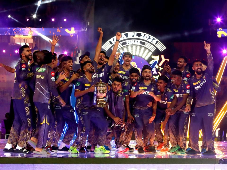 Players of Kolkata Knight Riders celebrate with the trophy after their victory against the Sunrisers Hyderabad in the 2024 IPL Final match between the Kolkata Knight Riders and Sunrisers Hyderabad at MA Chidambaram Stadium on 26 May 2024 in Chennai, India (Getty Images)