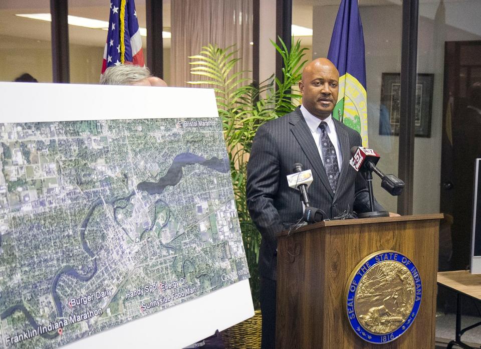 Elkhart County Prosecutor Curtis Hill speaks to the media about raids made in Elkhart and St. Joseph counties Monday related to the sale of synthetic drugs. Twenty people were arrested in connection with the cases. Goshen News Photo/SAM HOUSEHOLDER