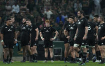 New Zealand's players at the end of the Rugby Championship test between South Africa and New Zealand at Mbombela Stadium in Mbombela, South Africa, Saturday, Aug. 6, 2022. (AP Photo/Themba Hadebe)