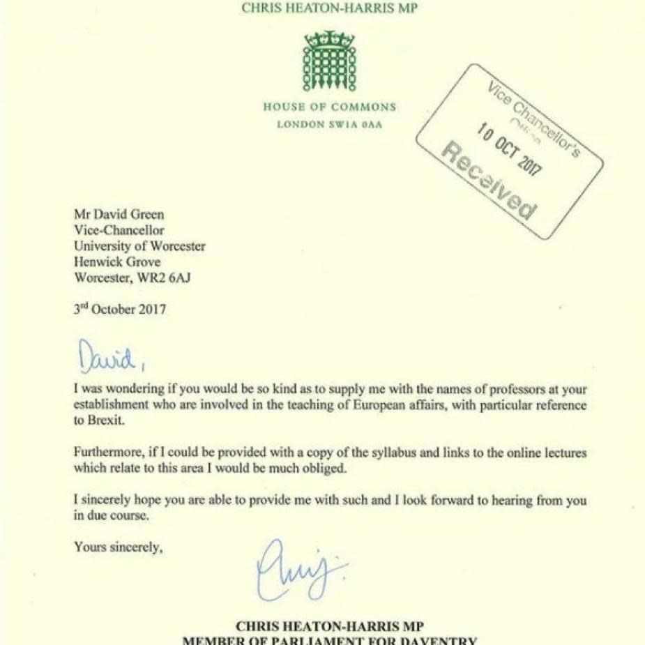 Letter from Chris Heaton-Harris MP for Daventry to Vice Chancellor of Worcester University David Green.